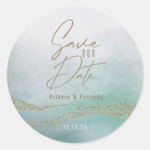 Elegante Waterverf Ocean Aqua & Gold Save the Date Ronde Sticker