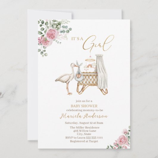 Elegante Waterverf Ooievaar Baby Meisje Baby showe Kaart (Voorkant)