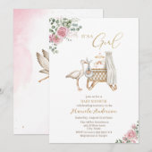 Elegante Waterverf Ooievaar Baby Meisje Baby showe Kaart (Voorkant / Achterkant)