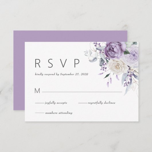 Elegante Waterverf Paarse Bloemen bruiloft RSVP (Voorkant / Achterkant)
