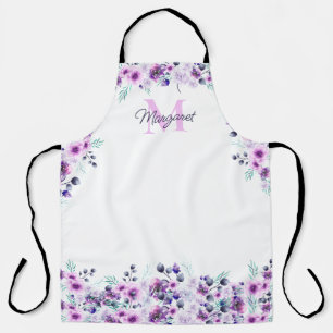Elegante Waterverf Paarse Bloemen met Monogram Schort