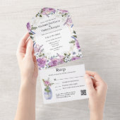 Elegante waterverf paarse Bloemen QR Code Bruiloft All In One Uitnodiging (Afscheurbaar)