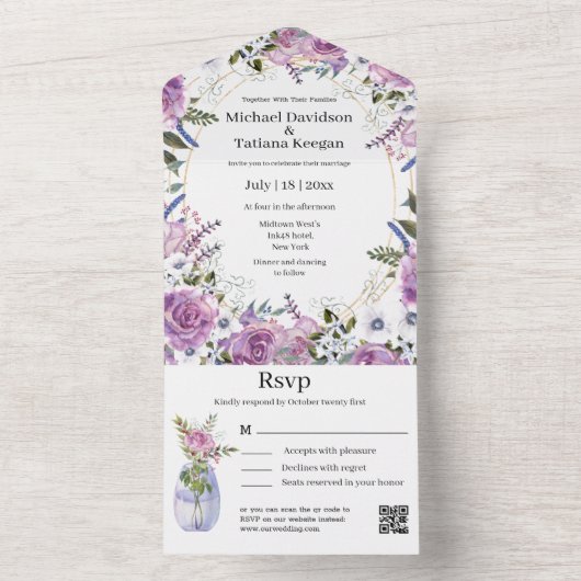 Elegante waterverf paarse Bloemen QR Code Bruiloft All In One Uitnodiging (Binnen)