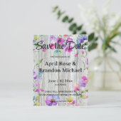 Elegante waterverf paarse wilde bloemen barnwood save the date (Staand voorkant)