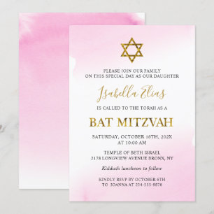 Elegante Waterverf Pastel Roze Gouden Bat Mitswa Kaart