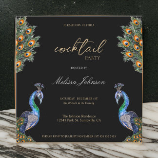 Elegante Waterverf Peacock Cocktail Party Kaart