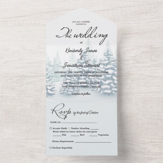 Elegante waterverf Pijnbomen RSVP Winter Wedding All In One Uitnodiging (Binnen)