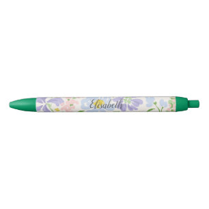 Elegante Waterverf Pioen Bloemen Monogram Zwarte Inkt Pen