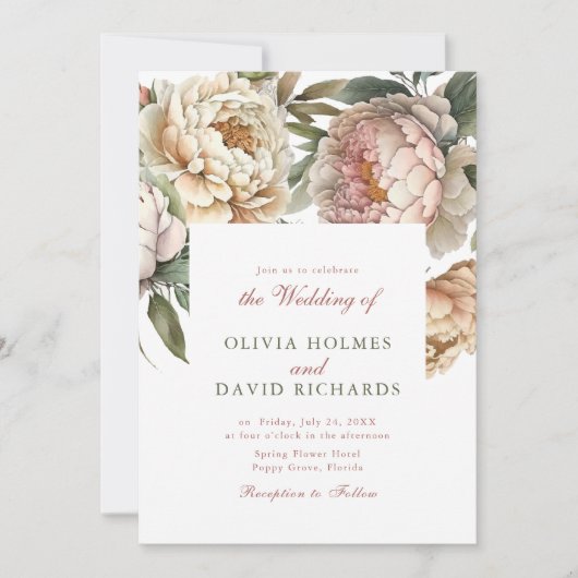 Elegante Waterverf Pioen Bruiloft Uitnodiging (Voorkant)