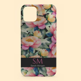 Elegante Waterverf Pioen op zwart Monogram iPhone 13 Hoesje
