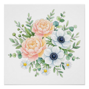 Elegante waterverf pioenroos en witte anemoon bloe perfect poster