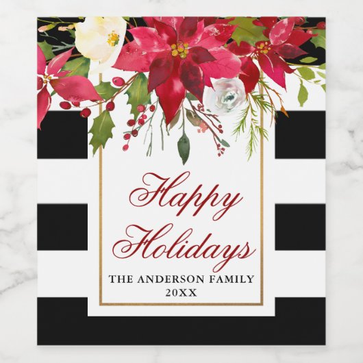 Elegante Waterverf Poinsettia Kerst Gestreept Wijn Etiket (Enkel label)