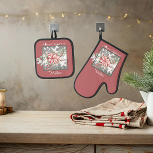 Elegante waterverf poinsettia kerst op maat   ovenwant & pannenlap set