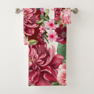 Elegante Waterverf rode bloemetjes en groen Bad Handdoek