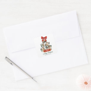 Elegante Waterverf Rode Boog Familie Kerstboom Vierkante Sticker