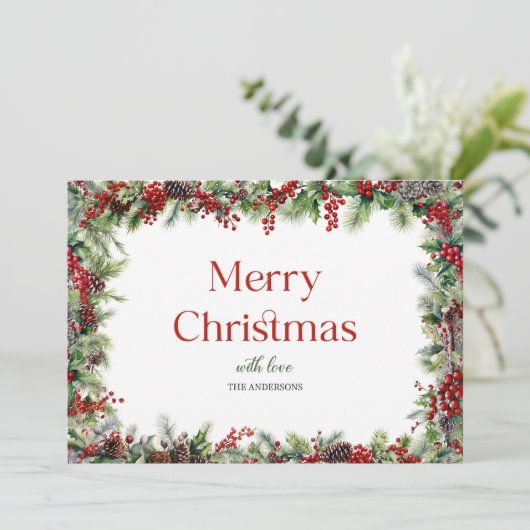 Elegante waterverf rode hulstbessen en groen feestdagenkaart (Staand voorkant)