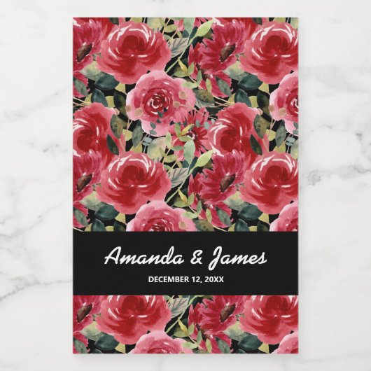 Elegante Waterverf Rood Bloemen Zwart Bruiloft Min Wijn Etiket (Enkel label)