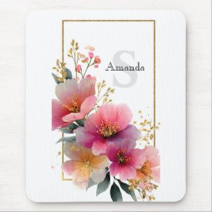 Elegante Waterverf Roze Bloemen Grens met Goud Muismat