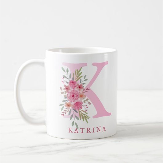 Elegante Waterverf Roze Bloemen Monogram Naam Koffiemok (Links)