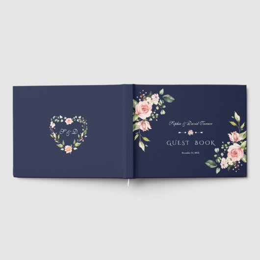 Elegante Waterverf Roze Bloemen Navy Bruiloft Gastenboek (Volledig)