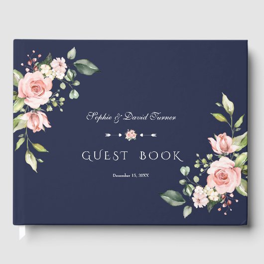 Elegante Waterverf Roze Bloemen Navy Bruiloft Gastenboek (Voorkant)