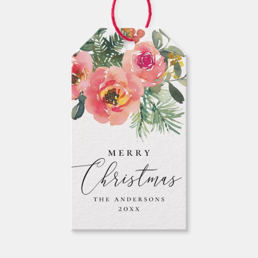 Elegante waterverf roze bloemige kerstgroet cadeaulabel (Voorkant)