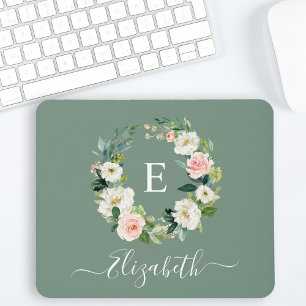 Elegante Waterverf Roze Bloemige Saliegroene Monog Muismat