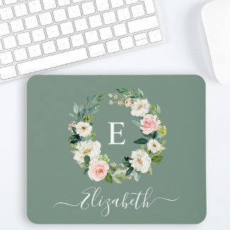 Elegante Waterverf Roze Bloemige Saliegroene Monog Muismat