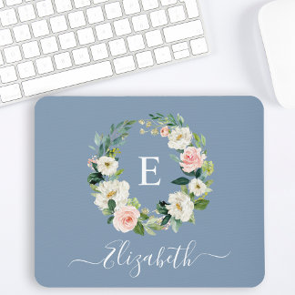 Elegante Waterverf Roze Bloemige Stofblauwe Monogr Muismat