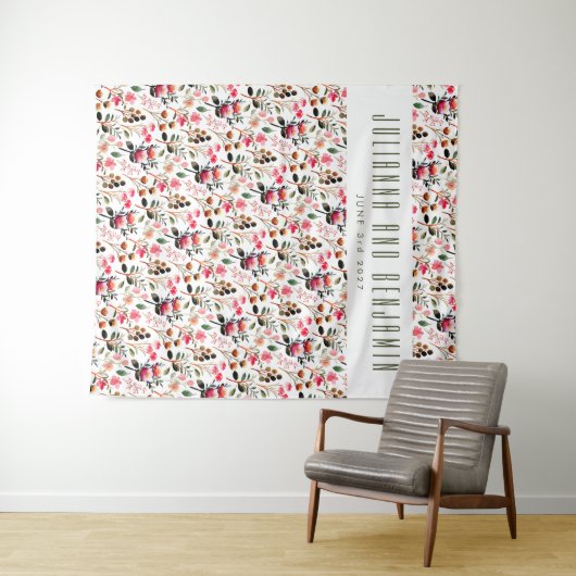 Elegante Waterverf Roze Groene Aangepaste Trouwdag Wandkleed (In Situ (horizontaal))