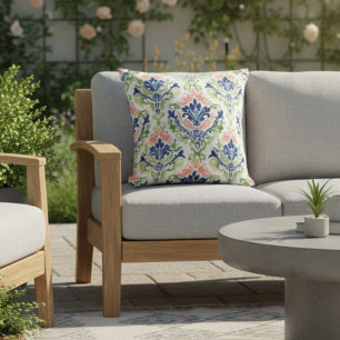 Elegante Waterverf Roze Koraal Blauw Damask Patter Kussen