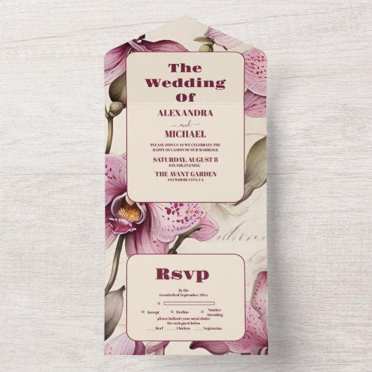 Elegante Waterverf Roze Orchidee Bruiloft All In One Uitnodiging (Binnen)