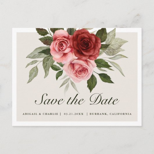 Elegante Waterverf Roze Rozen Bewaar de datum Aankondigingskaart (Voorkant)
