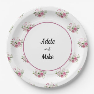 Elegante Waterverf Roze Rozen Boeket Bruiloft Papieren Bordje