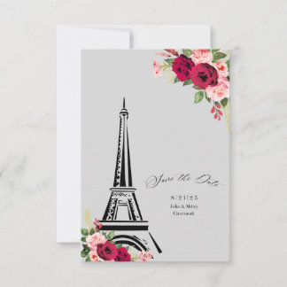 Elegante waterverf rozen slaan de datum eiffel op bedankkaart