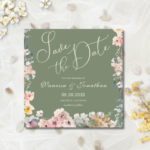 Elegante Waterverf Sage Green Wildflowers Wedding Save The Date