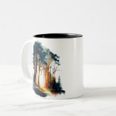 Elegante Waterverf Schilderen van Bos bij zonsonde Tweekleurige Koffiemok (Voorkant links)