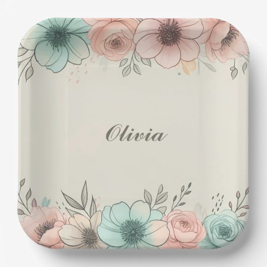 Elegante Waterverf Sketchy Flowers Papieren Bordje (Voorkant)