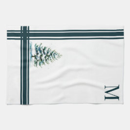Elegante Waterverf Snowy Spruce Tree Monogrammed Theedoek