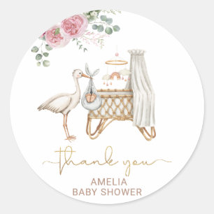 Elegante Waterverf StorkGirl Roze Bloemen Baby Sho Ronde Sticker