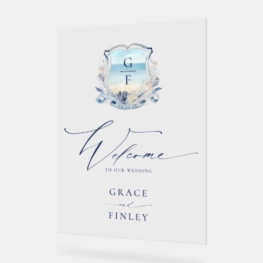 Elegante Waterverf strand Monogram Crest bruiloft Acryl Bord (Hoek)