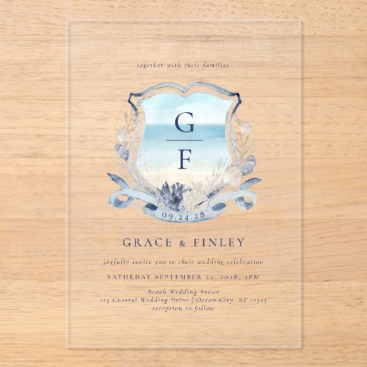 Elegante Waterverf strand Monogram Crest bruiloft Acryl Uitnodigingen (Voorkant)
