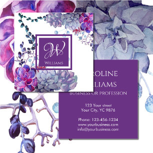Elegante waterverf succulenten planten blauw paars vierkante visitekaartje