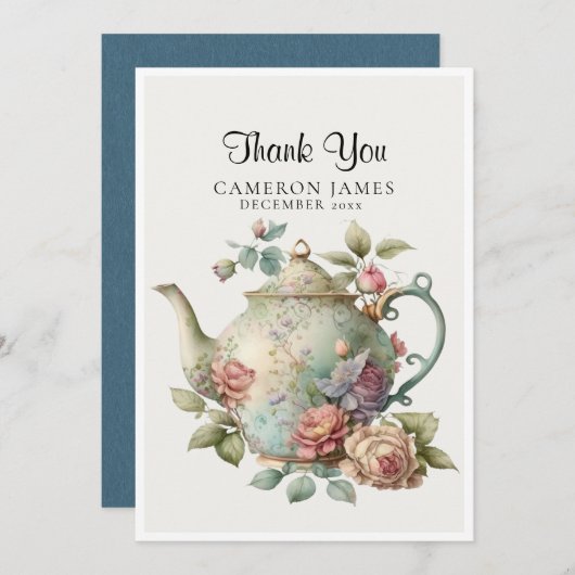Elegante waterverf theepot bloem thee partij bedankkaart (Voorkant / Achterkant)