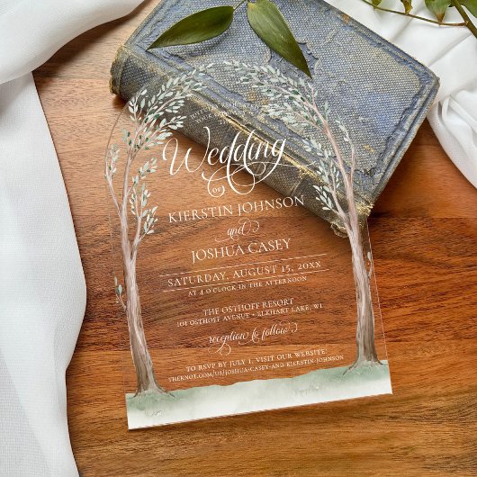 Elegante Waterverf Trees Whimsical Arch Wedding Acryl Uitnodigingen