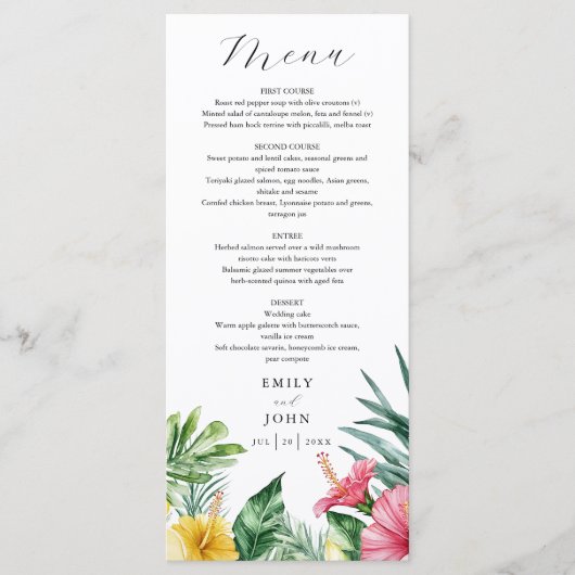 Elegante Waterverf Tropical Flowers bruiloft Menu (Voorkant)