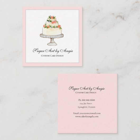Elegante Waterverf Trouwtaart bakkerij plein Vierkante Visitekaartje (Voorkant / Achterkant)