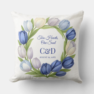 Elegante Waterverf Tulp krans bruiloft blauw ivoor Kussen