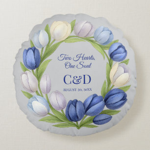 Elegante Waterverf Tulp krans bruiloft blauw ivoor Rond Kussen