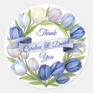 Elegante Waterverf Tulp krans bruiloft blauw ivoor Ronde Sticker